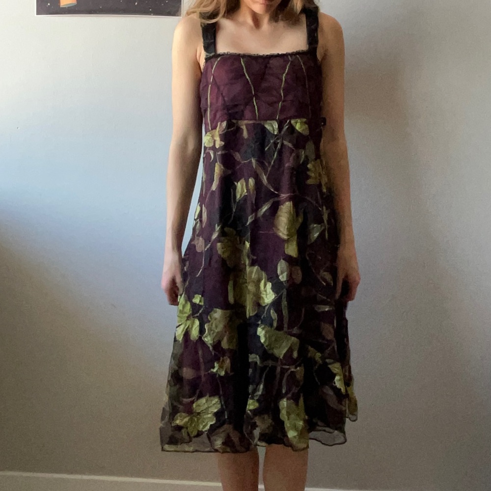 Floral A-Line Midi Dress in Plum Purple sheer overlay with green leaf patterns - Picture 2 of 5